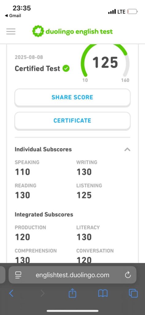 Student score report showing 125 overall with high writing