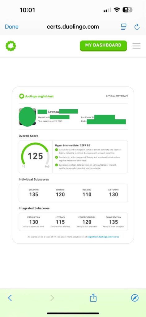Student score report showing 125 overall