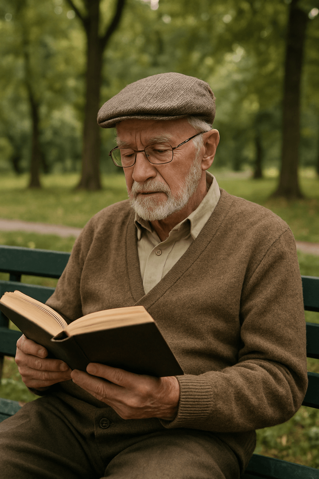 An old man with glasses and a sweater reading a hardcover book on a park bench.