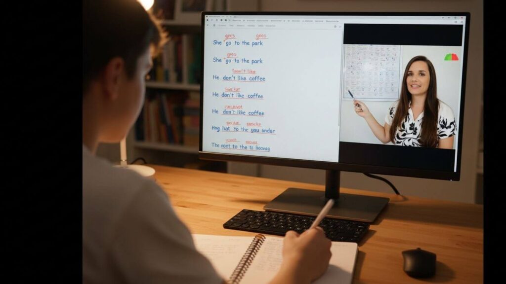 Student taking notes during a private one-on-one Duolingo English Test coaching session with customized feedback