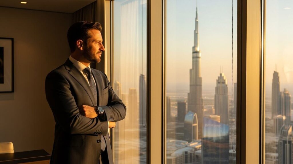 Professional in Dubai office applying for UAE Golden Visa English requirements.