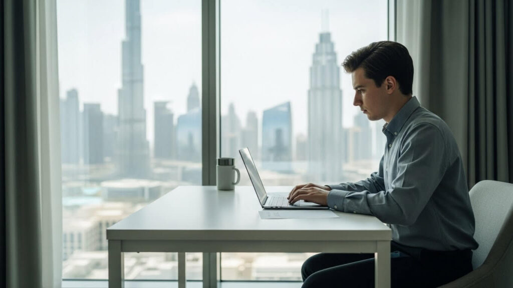 Student taking Duolingo English Test online in Dubai apartment.