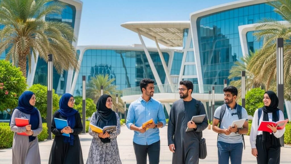 Students at UAE university campus preparation for student visa application.