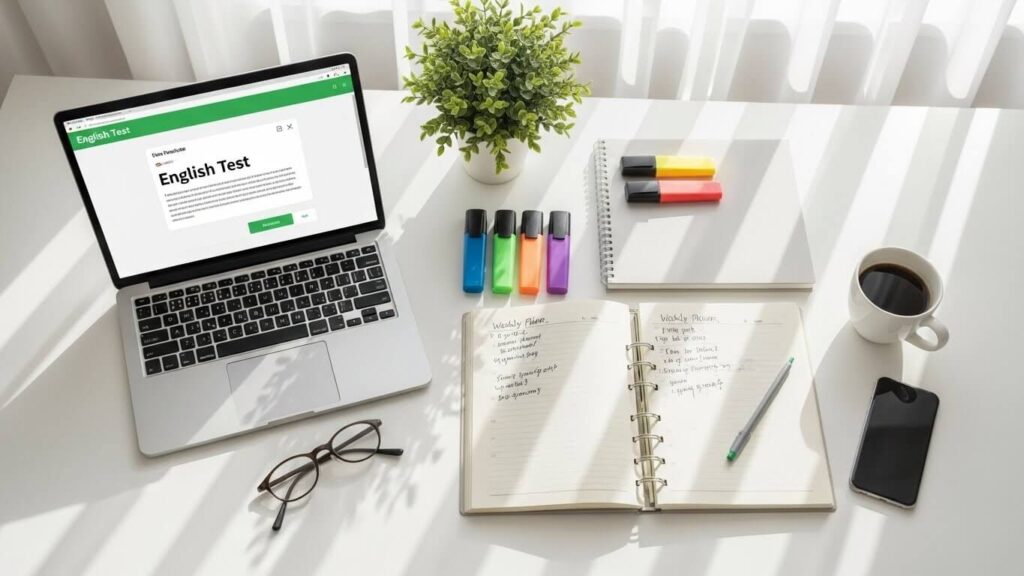 Duolingo English Test study plan workspace with laptop and planner