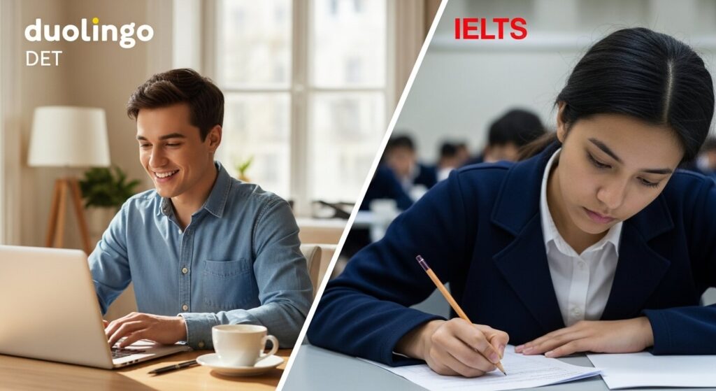 Split screen comparison of DET home testing vs IELTS exam center