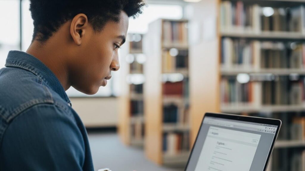 Student practicing academic writing and vocabulary for the Duolingo English Test on a laptop