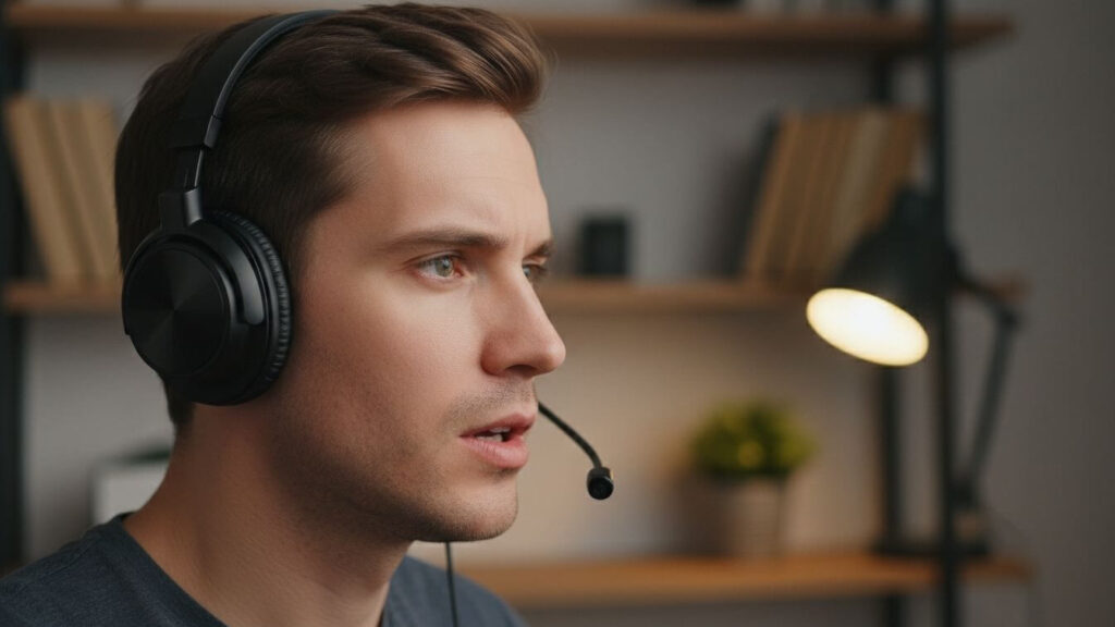 Candidate practicing for the Duolingo English Test speaking section using a headset with a native tutor