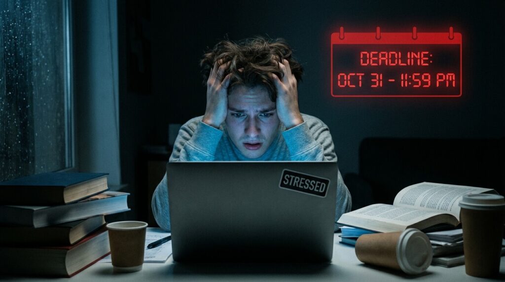 Stressed student studying late at night with a looming deadline