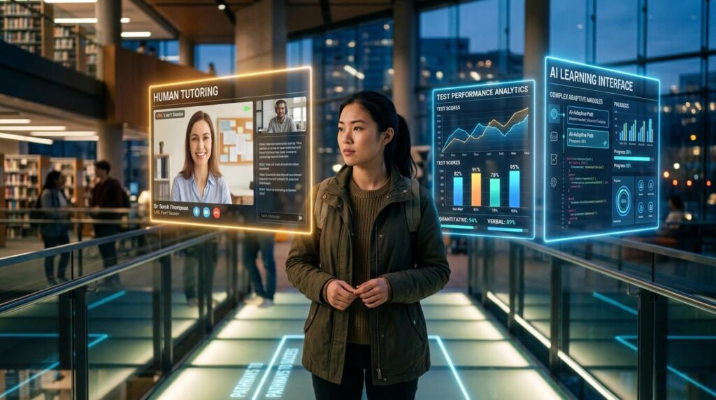 Student looking at different DET prep tools and comparison screens