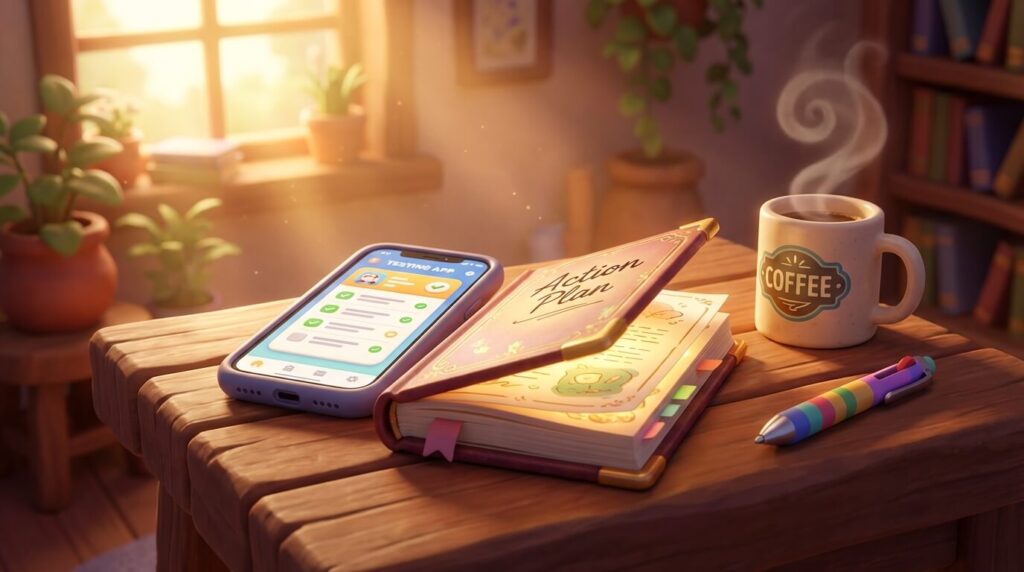 3D Disney style desk with a phone and a handwritten DET action plan replacing the app