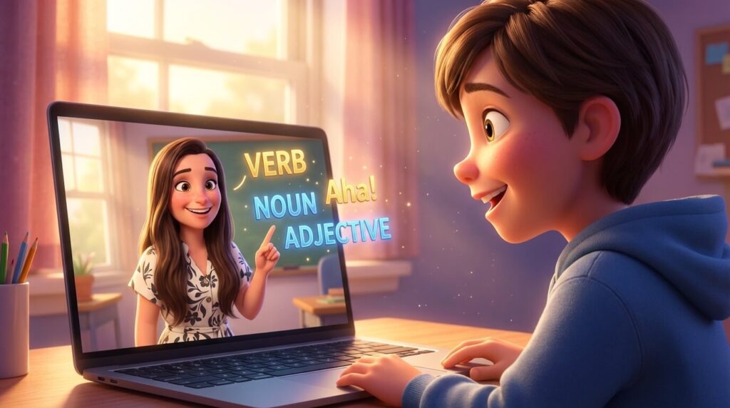 3D Disney style teacher giving precise diagnostic DET feedback to a student