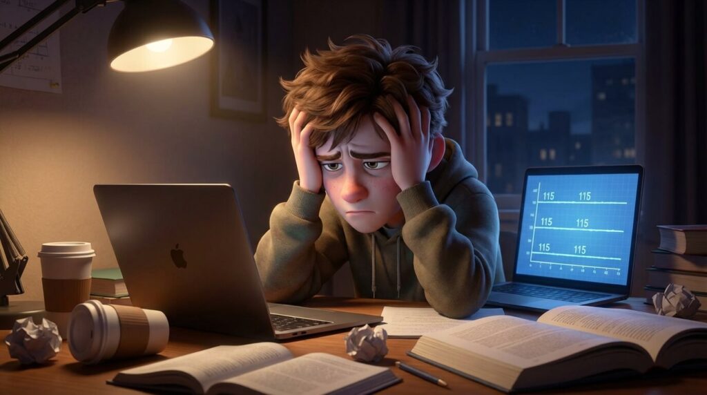 3D animated student frustrated by a DET mock test plateau