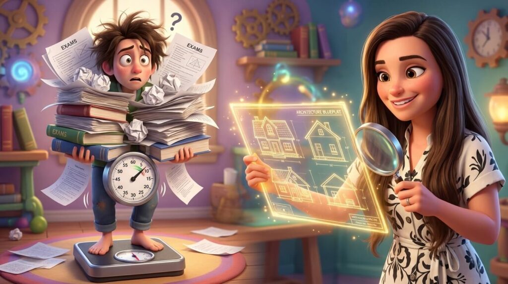 3D Disney Pixar style metaphor of measuring weight vs an actual blueprint strategy for DET