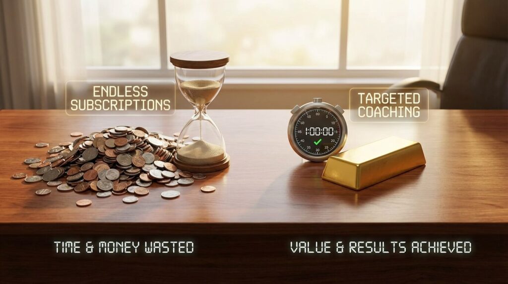 Comparison showing the time and money wasted on endless mock tests vs targeted coaching