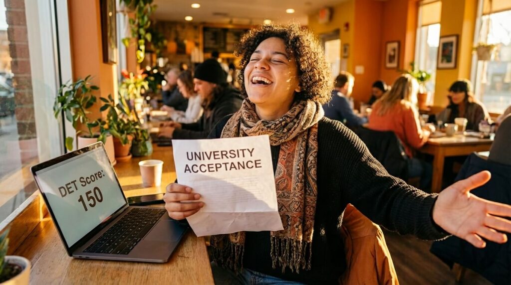 Happy student celebrating their university acceptance after passing the DET