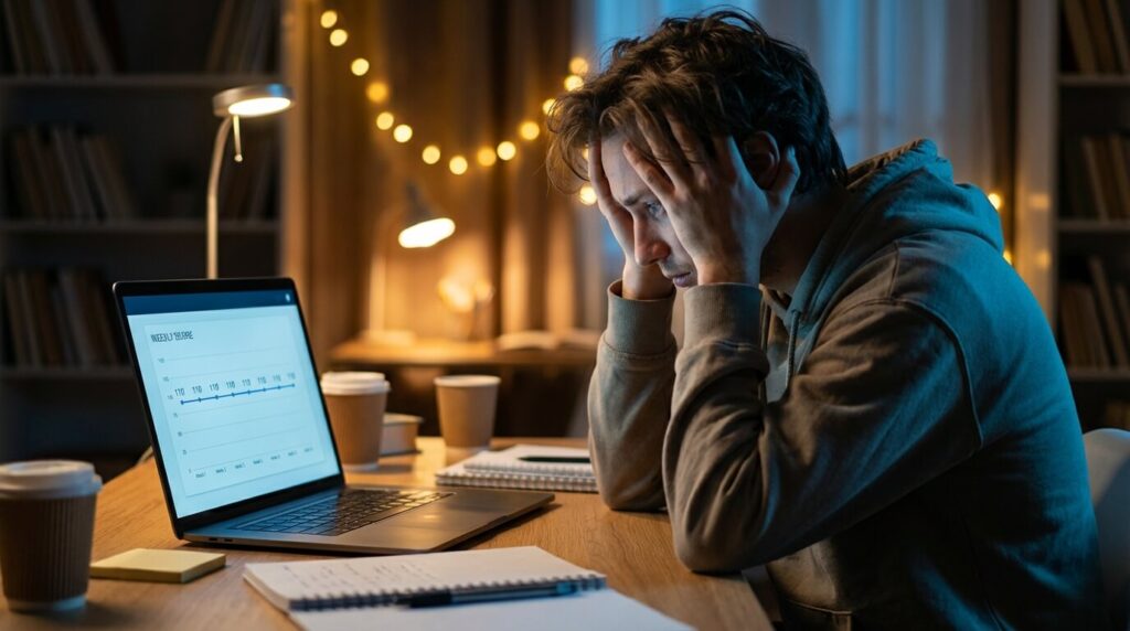 Stressed student experiencing a score plateau while taking endless DET mock tests